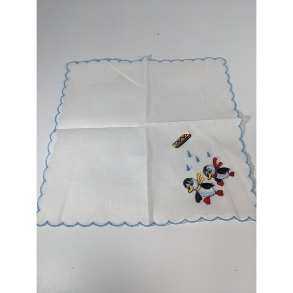 Vintage Penguins Hanky Handkerchief Pocket Scarf Blue Scalloped Edges Red Yellow - Picture 3 of 7